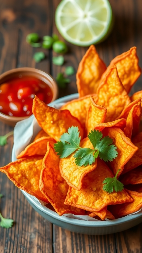 A bowl of crispy spicy fuego chips garnished with cilantro, served with salsa on a rustic table.